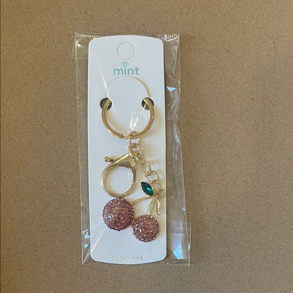 Mint Sparkling Pink Cherry Keychain with Gold and Green Accents